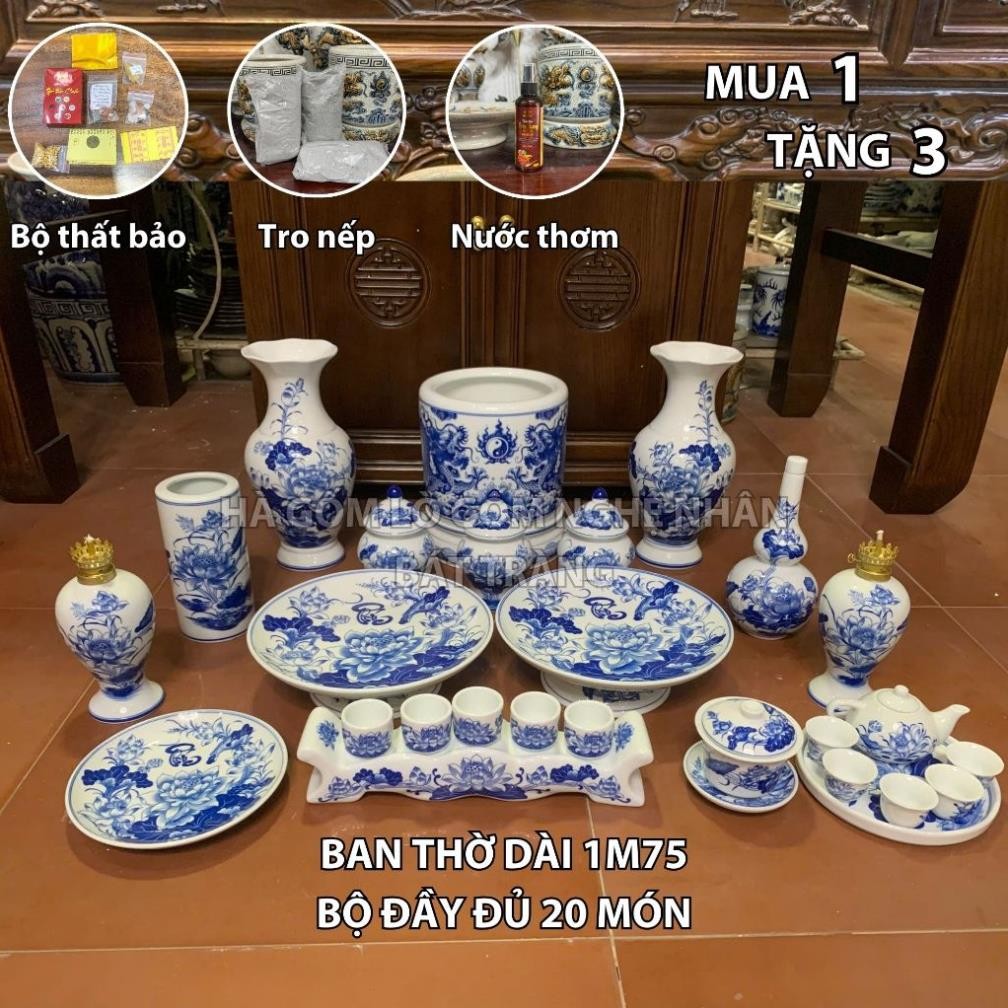HG281 Đồ Thờ Cúng Bộ 20 món ban thờ 1M75 men trắng nghệ nhân Bát Tràng chế tác TẶNG Thất Bảo, Tro Nếp