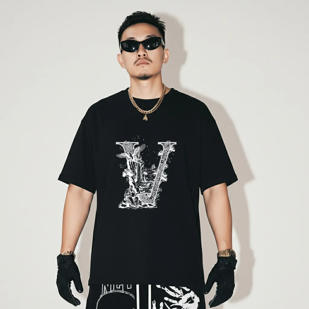 Áo thun nam form rộng Miucho Iconic cotton thoáng mát dày dặn chữ V nghệ thuật nhiều màu 2767_thumbnail_2