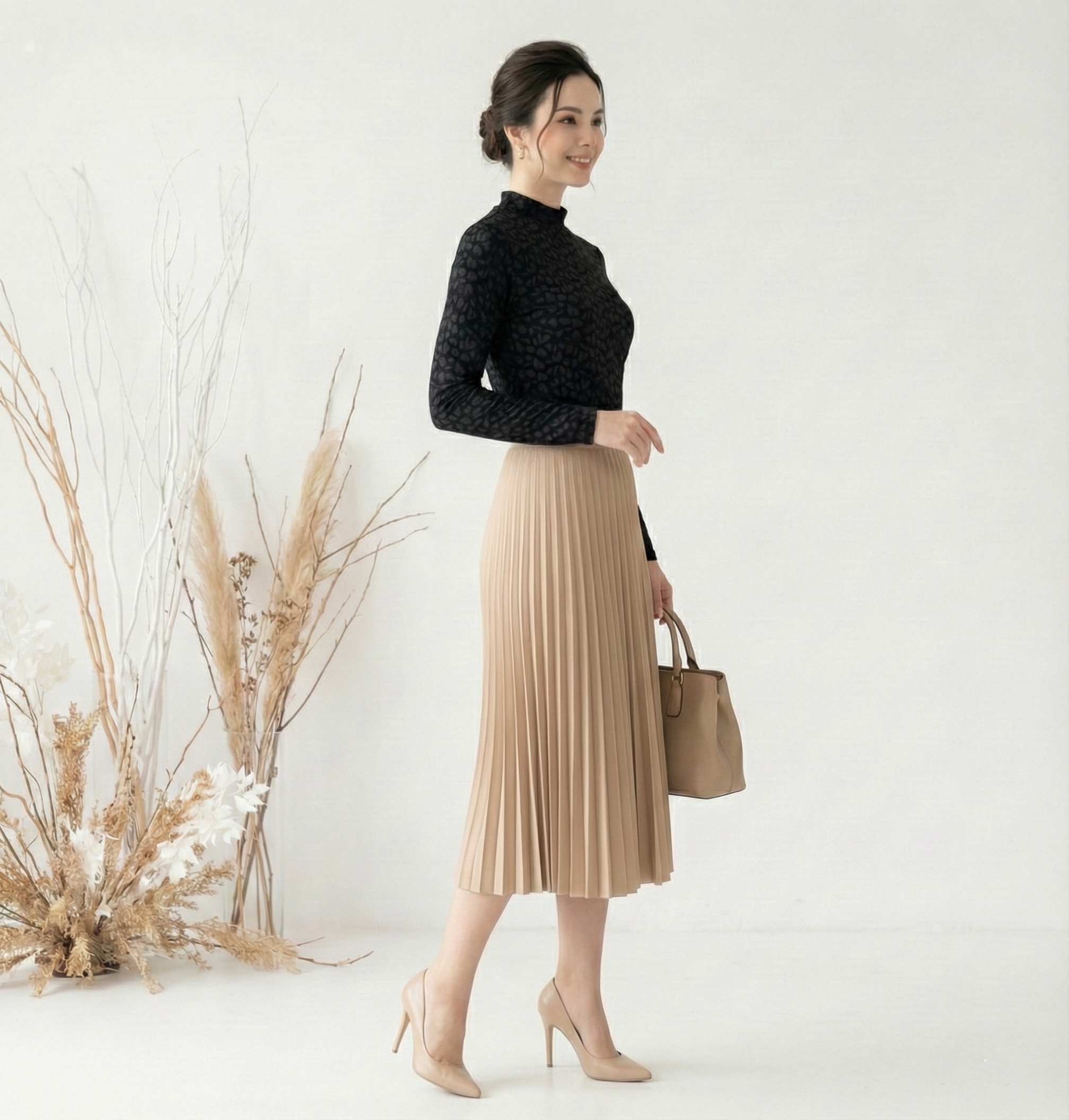 Áo top ôm vừa Vải thun len Cổ lọ  Tay dài Dài dưới eo