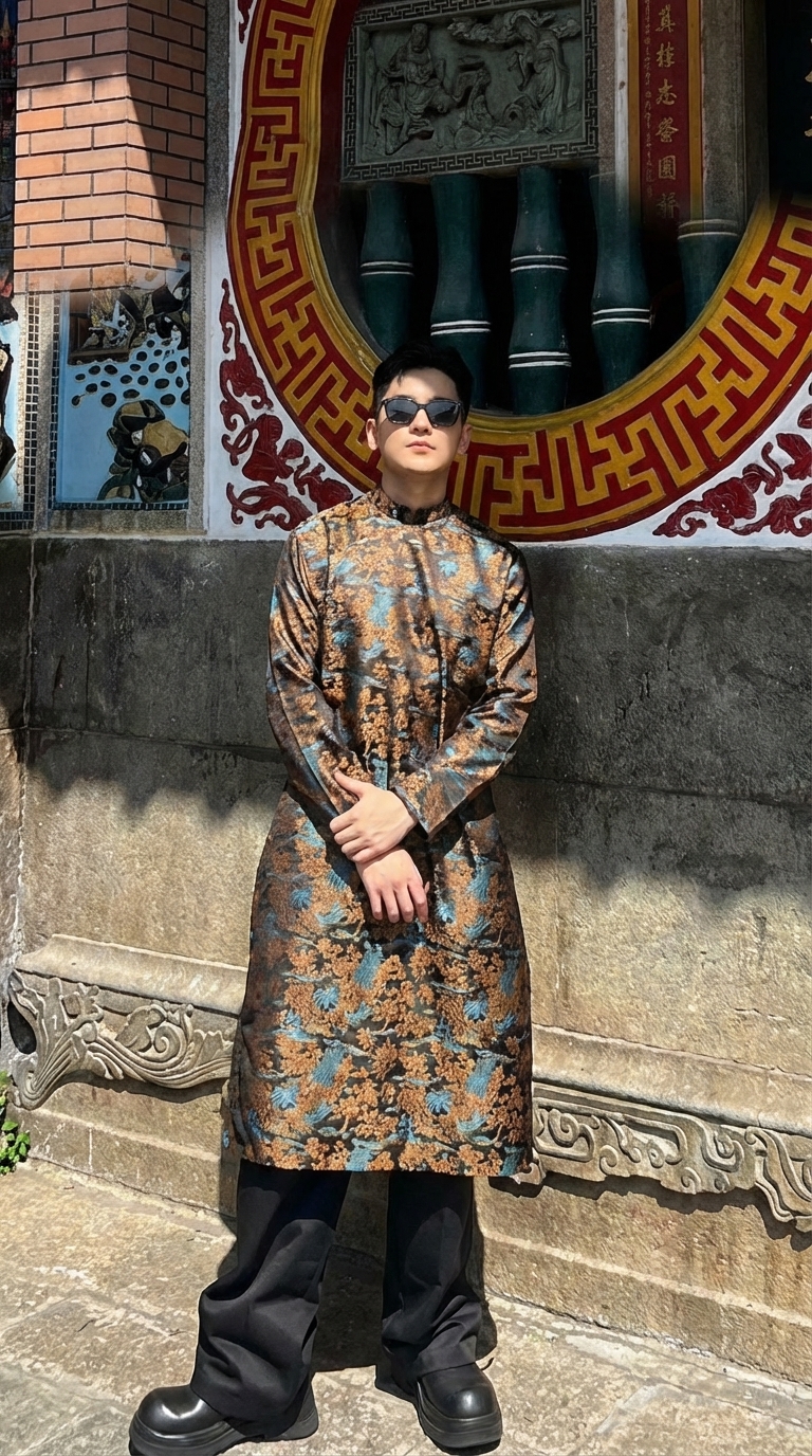 Áo Dài Nam Gấm Họa Tiết Cung Đình Đa Sắc