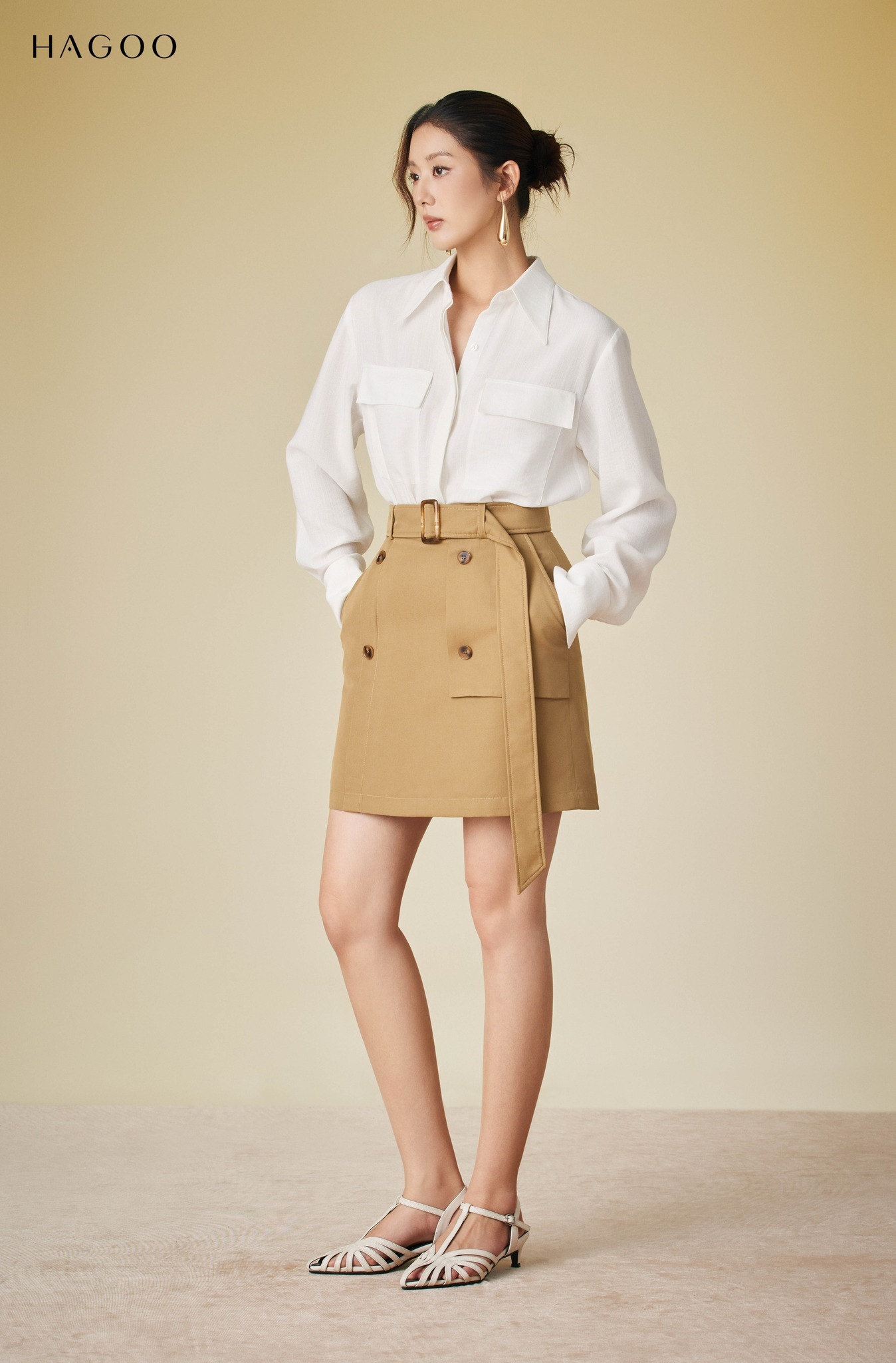 Chân váy kaki ngắn thắt đai hai hàng cúc HAGOO_thumbnail_6