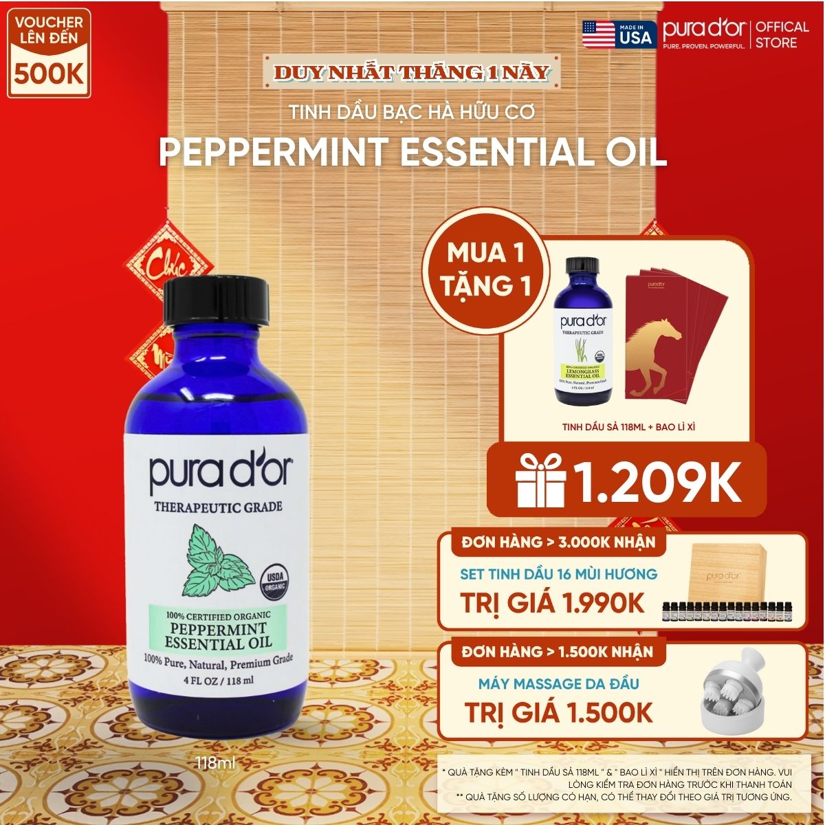 Tinh Dầu Bạc Hà Hữu Cơ Pura D'or Therapeutic Grade Peppermint Essential Oil 118ml