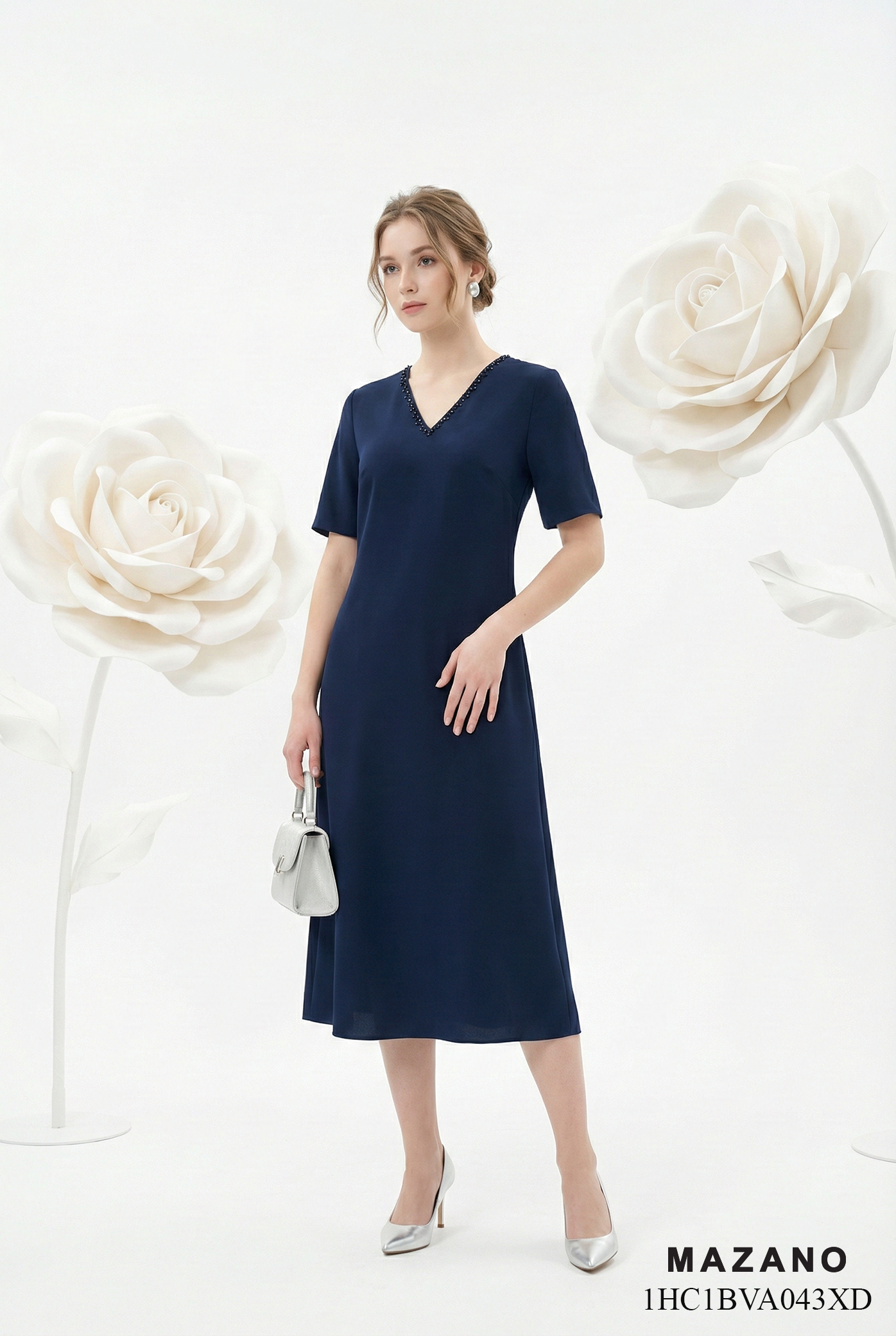 Đầm vải voan chiffon tím than dáng suông A nhẹ cổ tròn tay ngắn thiết kế MAZANO