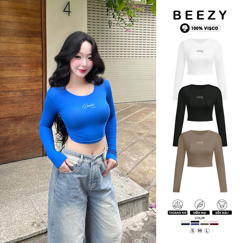 Áo croptop tay dài hack dáng 2499 Beezy 100% vải visco thoáng mát cổ tròn, nhiều màu, dễ phối đồ