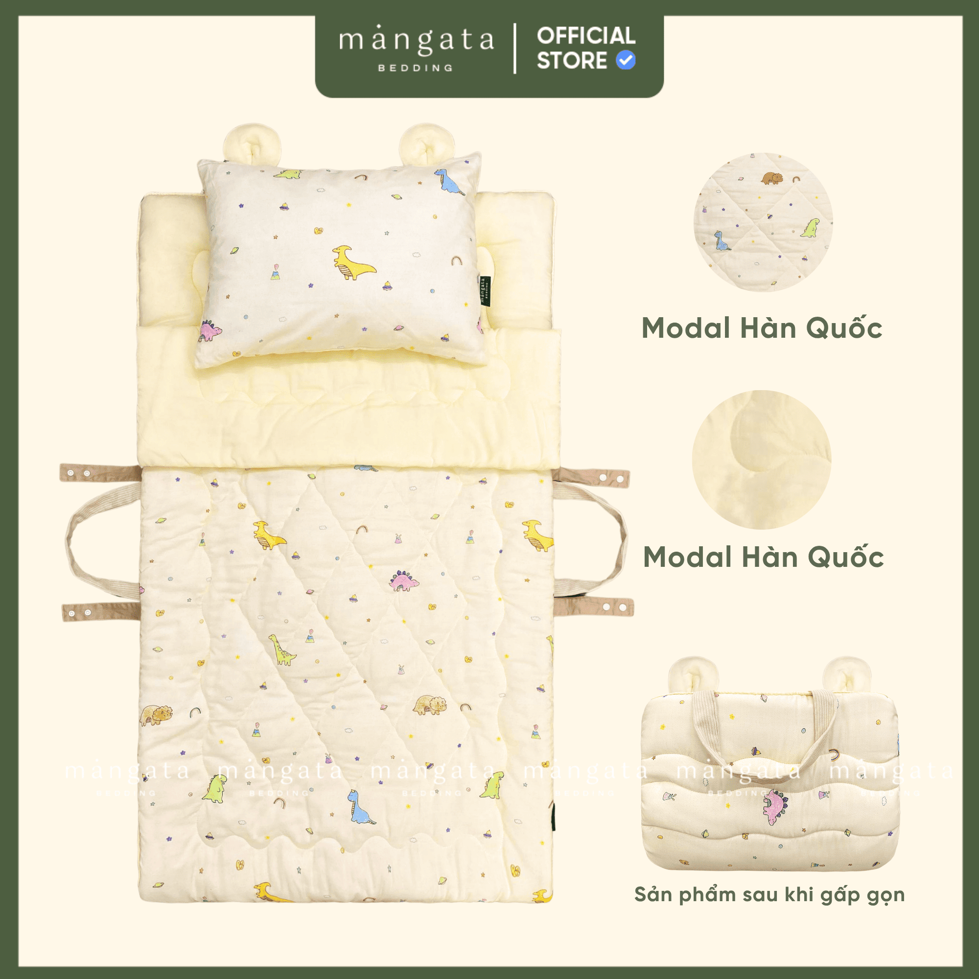 Mẫu Khủng long be - Bộ chăn gối gấp gọn đi học 