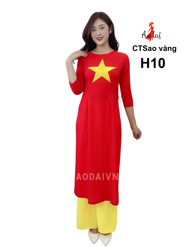 Áo dài Cách tân sao vàng H10 AODAIVN cổ tròn tay lỡ