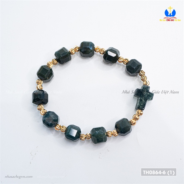 Vòng Mân Côi đá vuông 8ly màu xanh ngọc bích vàng thánh giá đá_thumbnail_2