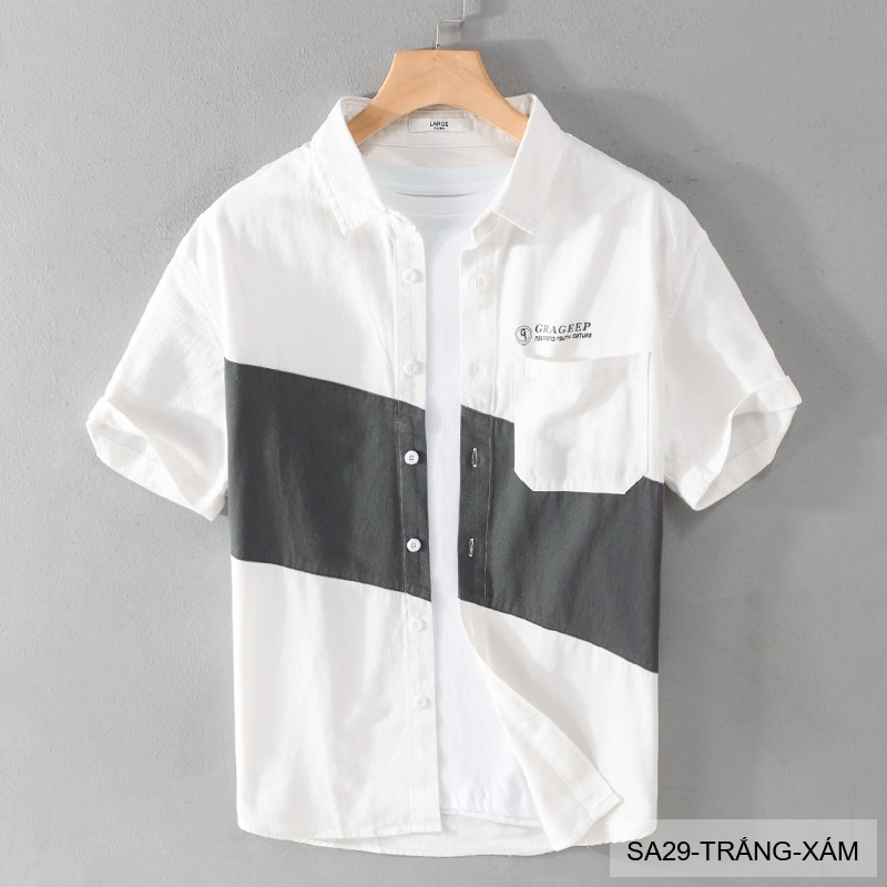 SA29 - Áo sơ mi nam tay ngắn phối màu trắng xám/xanh da trời phong cách Hàn Quốc