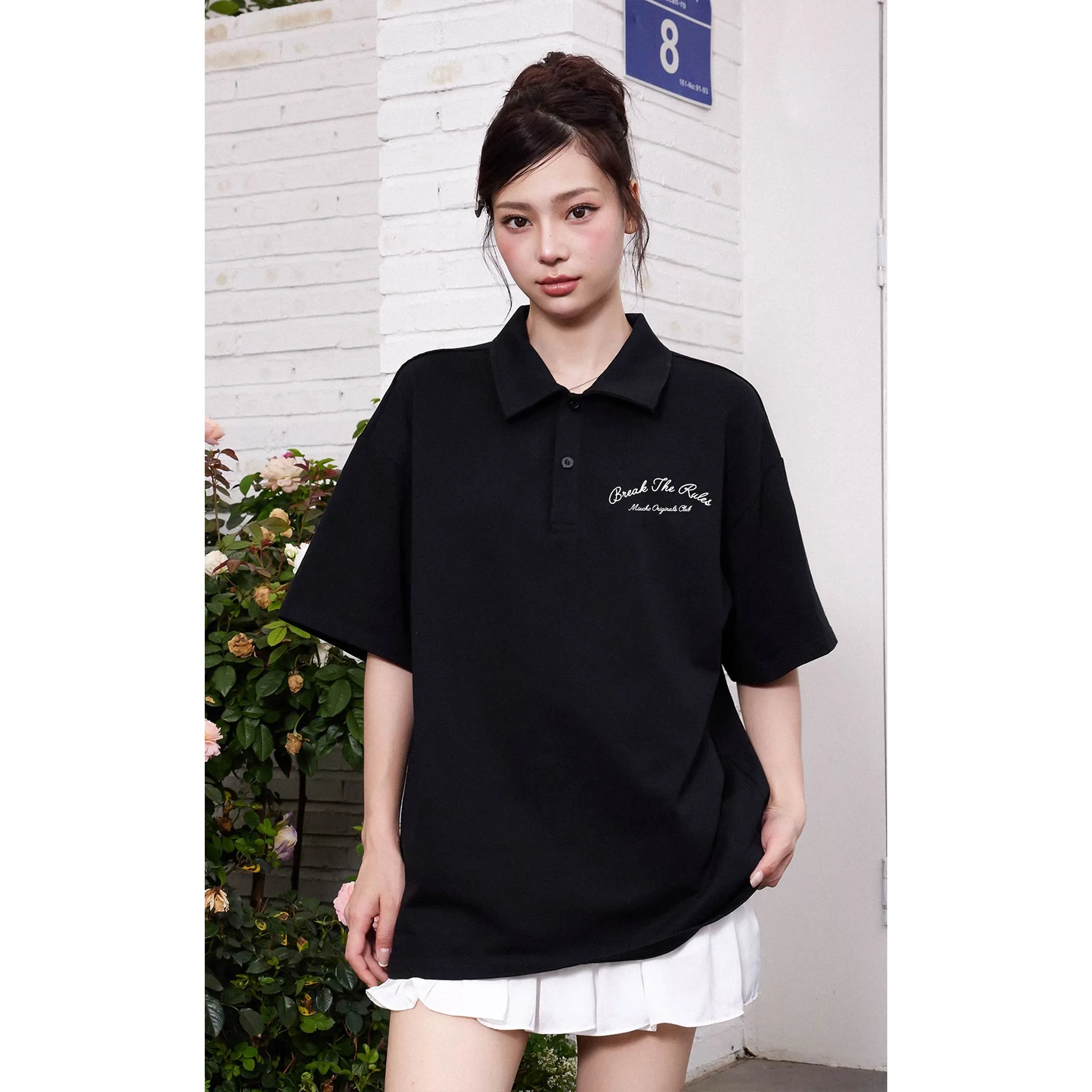 Áo polo form rộng basic 2482 Miucho vải cotton co giãn thoáng mát cổ trụn in typography_thumbnail_2