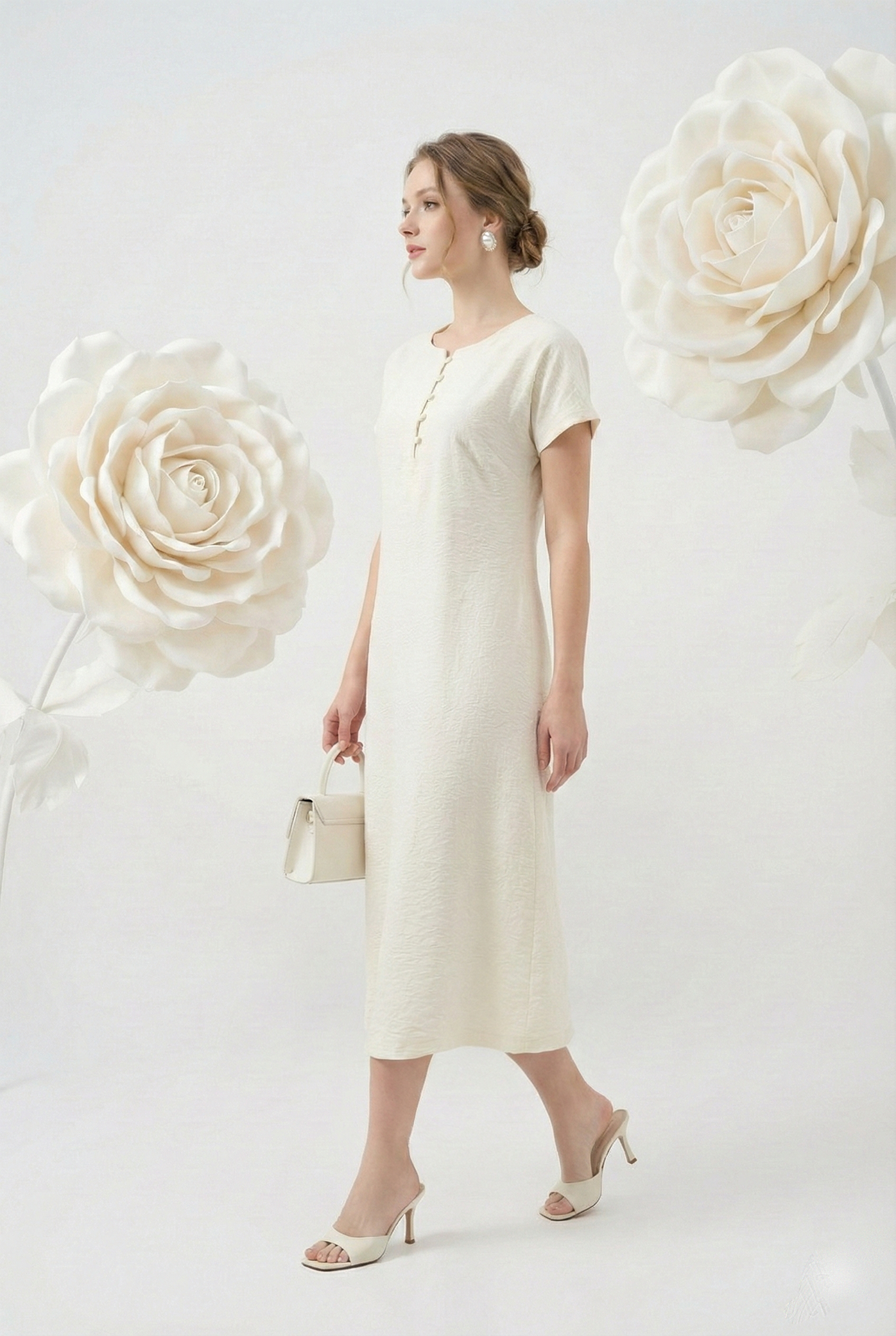 Đầm vải pha linen trắng kem dáng suông A cổ tàu cách điệu tay ngắn thiết kế MAZANO