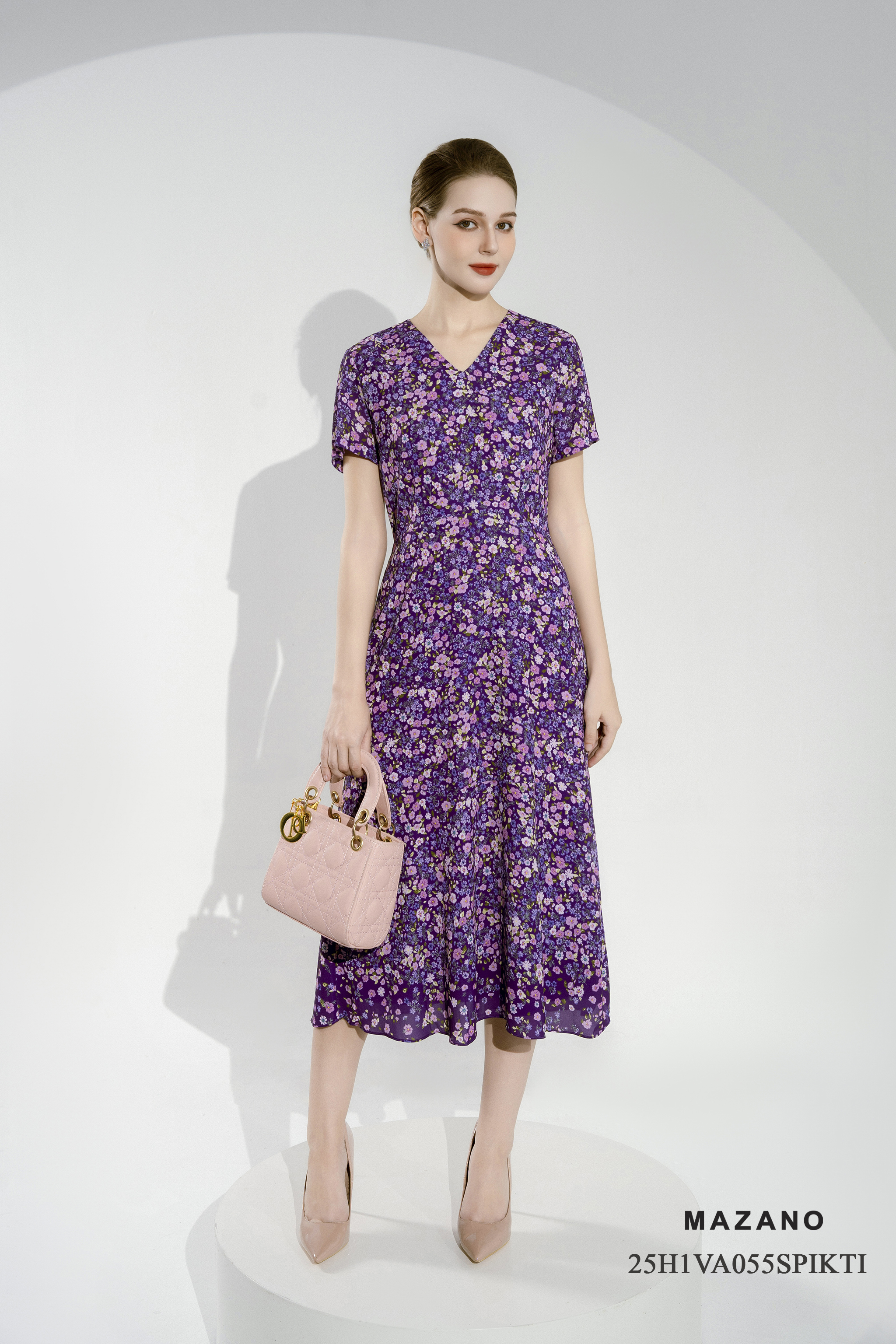 Váy Đầm Ôm Vải voan dày Hoạ tiết hoa nhí Cổ V Tay ngắn Dài ngang bắp chân_thumbnail_1