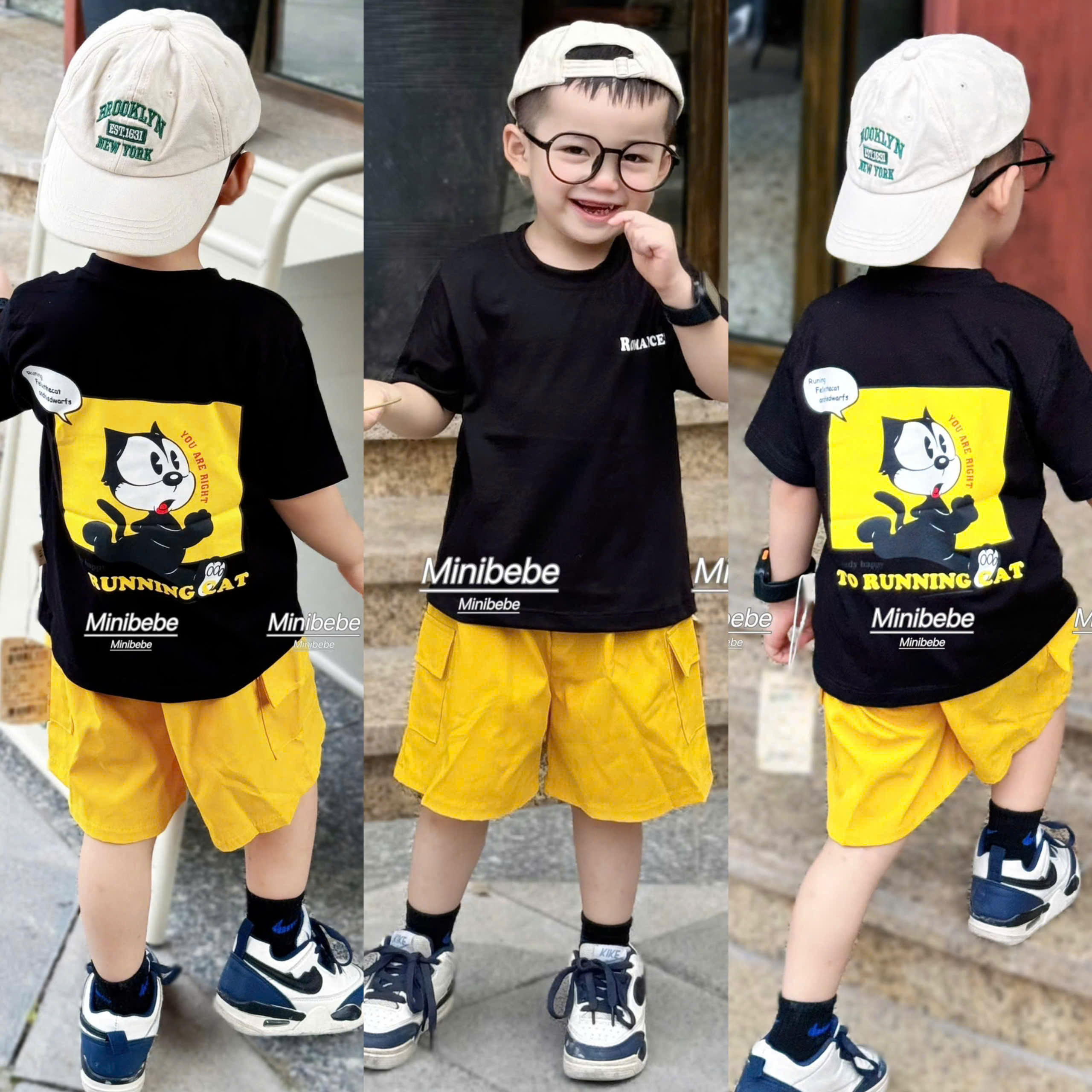 G01 BỘ CỘC ÁO MÈO ĐEN IN CHỮ TO RUNNING CAT MINI- A117.1688