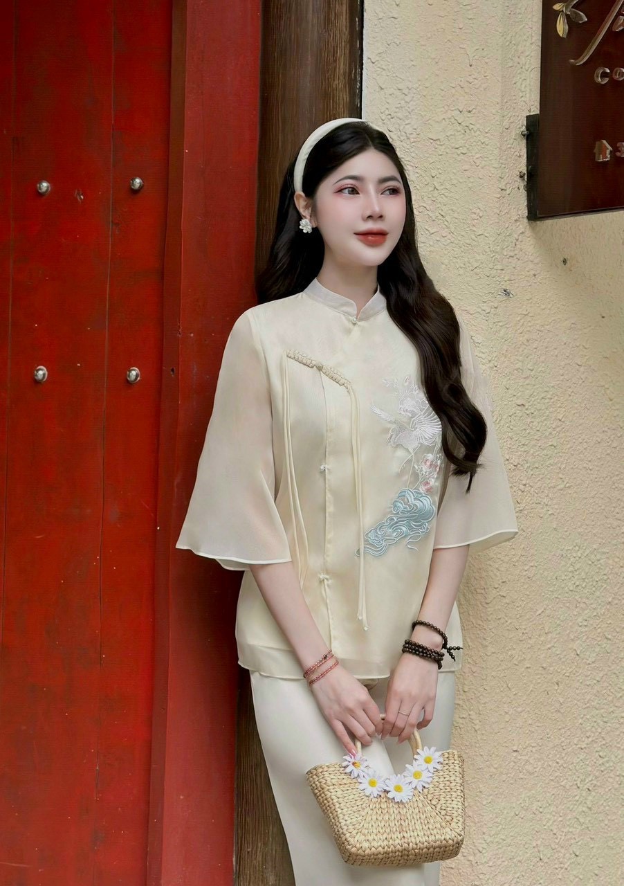 PP23 Pháp phục Voan tơ lễ chùa thêu chim hạc Tinh Nhi