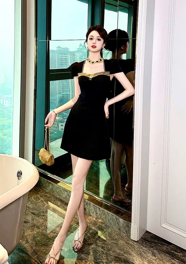 15489-Đầm suông A tay con màu đen ngực viền nhũ ( poly 2 da)_thumbnail_2