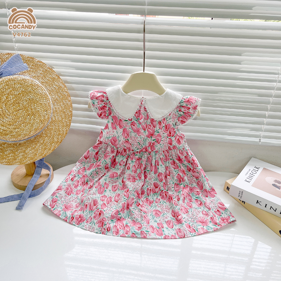 Váy hoa TULIP cổ sen phối ren 2 nơ eo