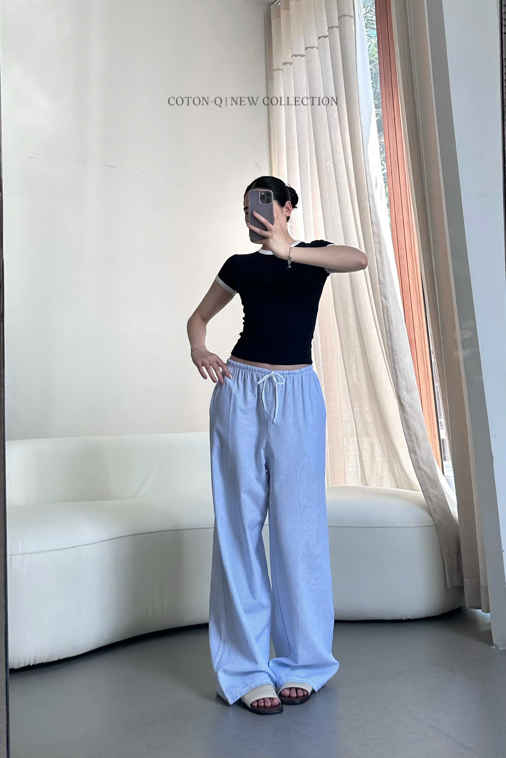 Set áo ôm viền + quần dài sọc ( XANH )_thumbnail_5