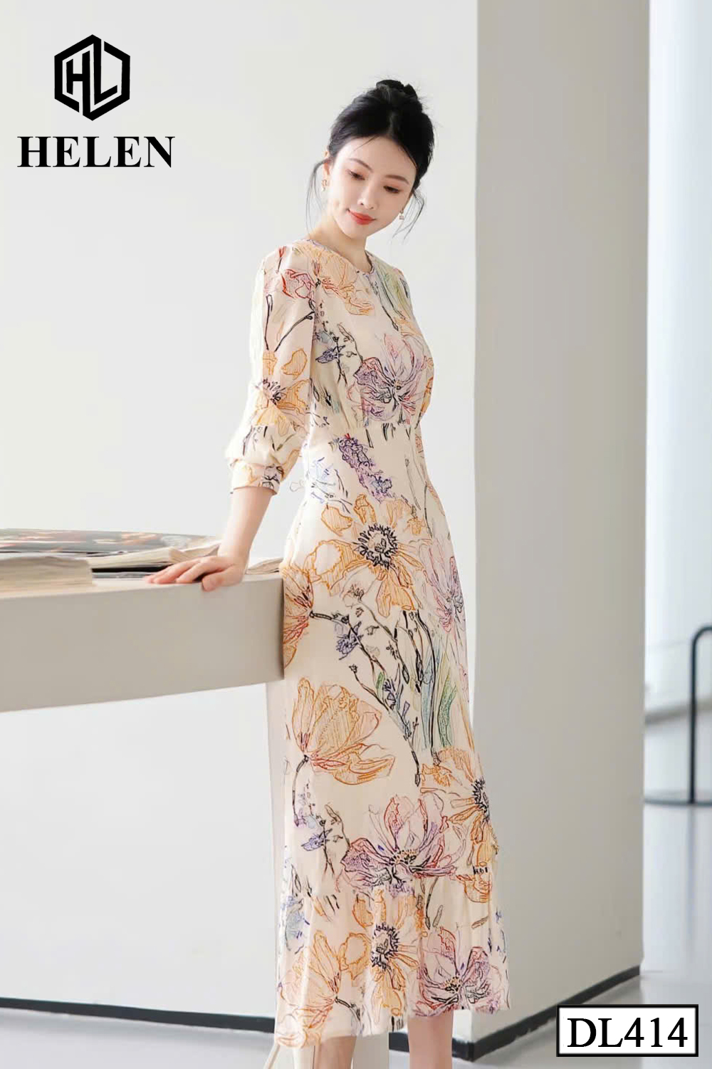 Đầm xòe hoa cam đuôi cá DL414