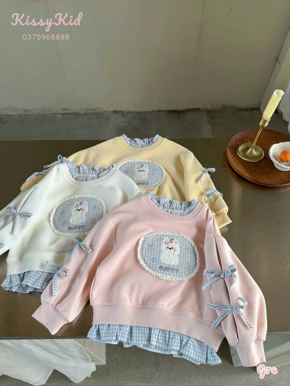 (G74) Áo nỉ lót màu trắng bông viền bèo kẻ caro hoạ tiết gấu thêu nổi Ucee Heyduck_thumbnail_0