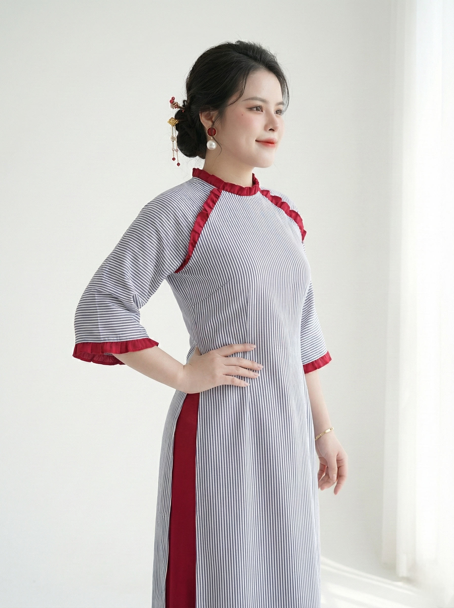 BIGSIZE- Áo dài phối nhún kiểu V-AD017_thumbnail_3