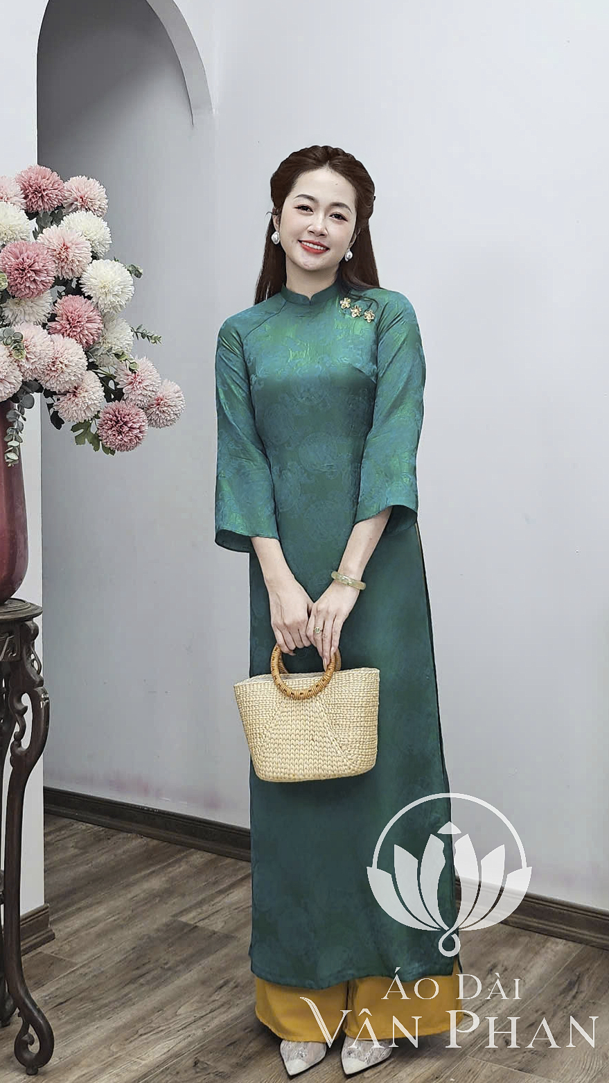 CT353 áo dài cách tân cổ 2p tay loe dài tằm tencel màu xanh két_thumbnail_1