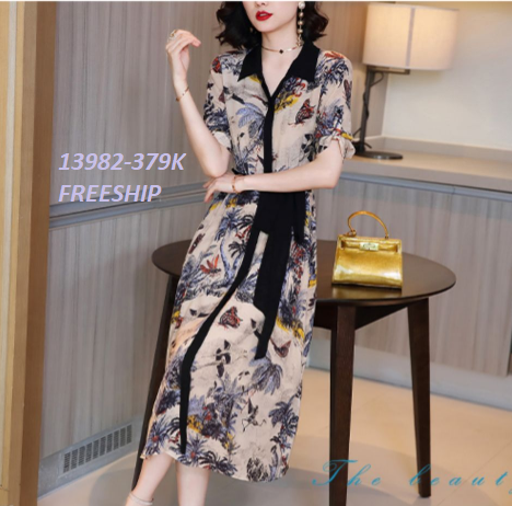 13982-Đầm suông in hoa cổ bẻ viền đen kèm dây thắt eo (voan in)FREESHIP_thumbnail_1