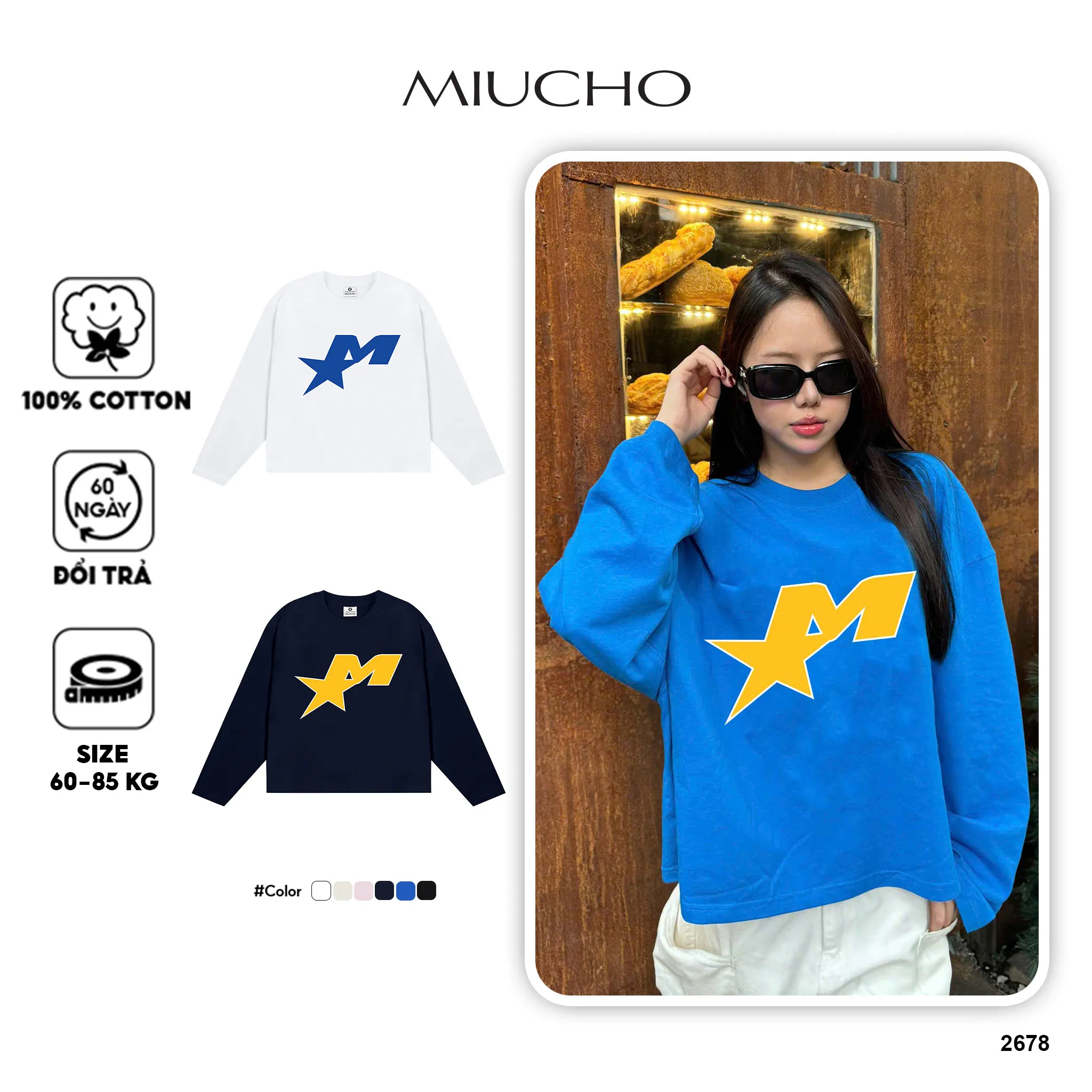 Áo thun unisex form boxy Miucho Club vải cotton thoáng mát tay dài cổ tròn hình in chữ M basic 2678_thumbnail_1