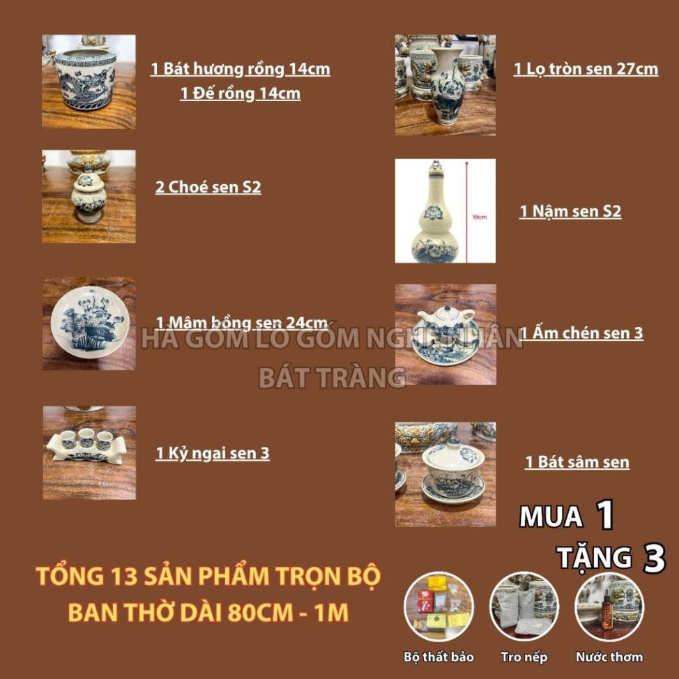 HG015 Đồ Thờ Cúng Bộ 13 món ban thờ 80CM - 1M men rạn trơn nghệ nhân Bát Tràng chế tác TẶNG Thất Bảo, Tro Nếp_thumbnail_1