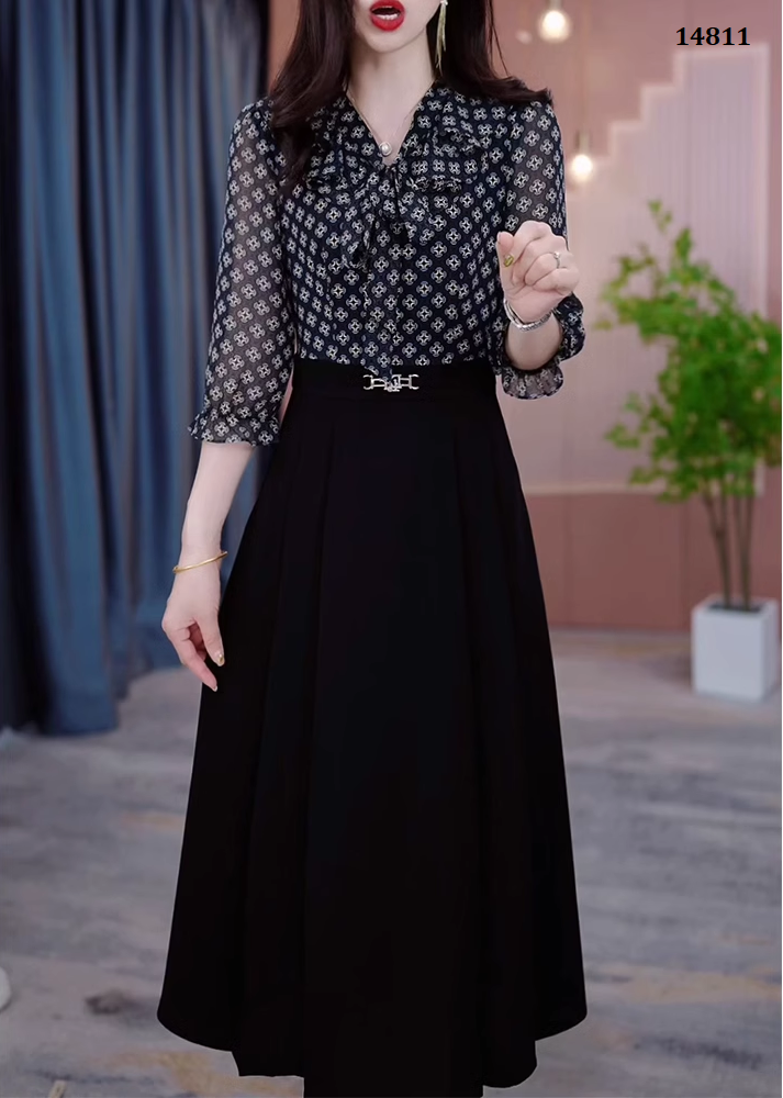14811-Đầm  liền phối  voan hoa  nhí tay lở cổ thắt nơ  ( thun mịn, voan)_thumbnail_0