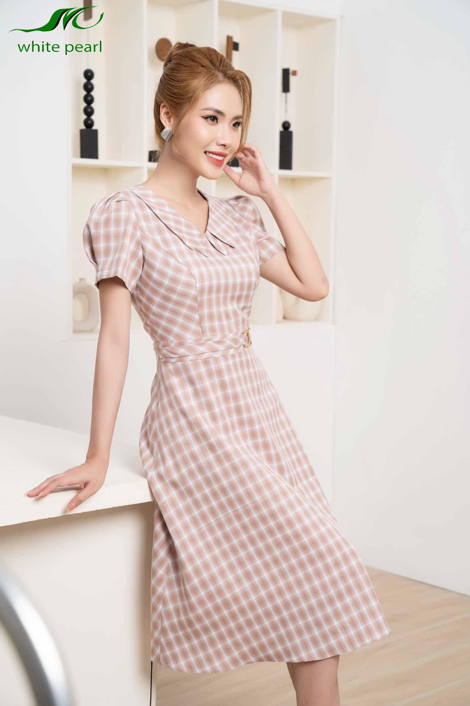 Đầm sen vuông 2 lá kẻ thời trang công sở cao cấp White Pearl_thumbnail_8