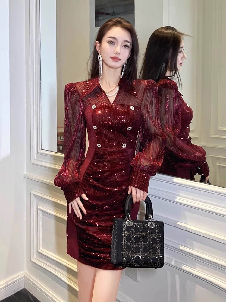 16026-Đầm body kim sa đỏ  đô phối tay voan dài ( thun kimsa, von ánh kim)_thumbnail_0