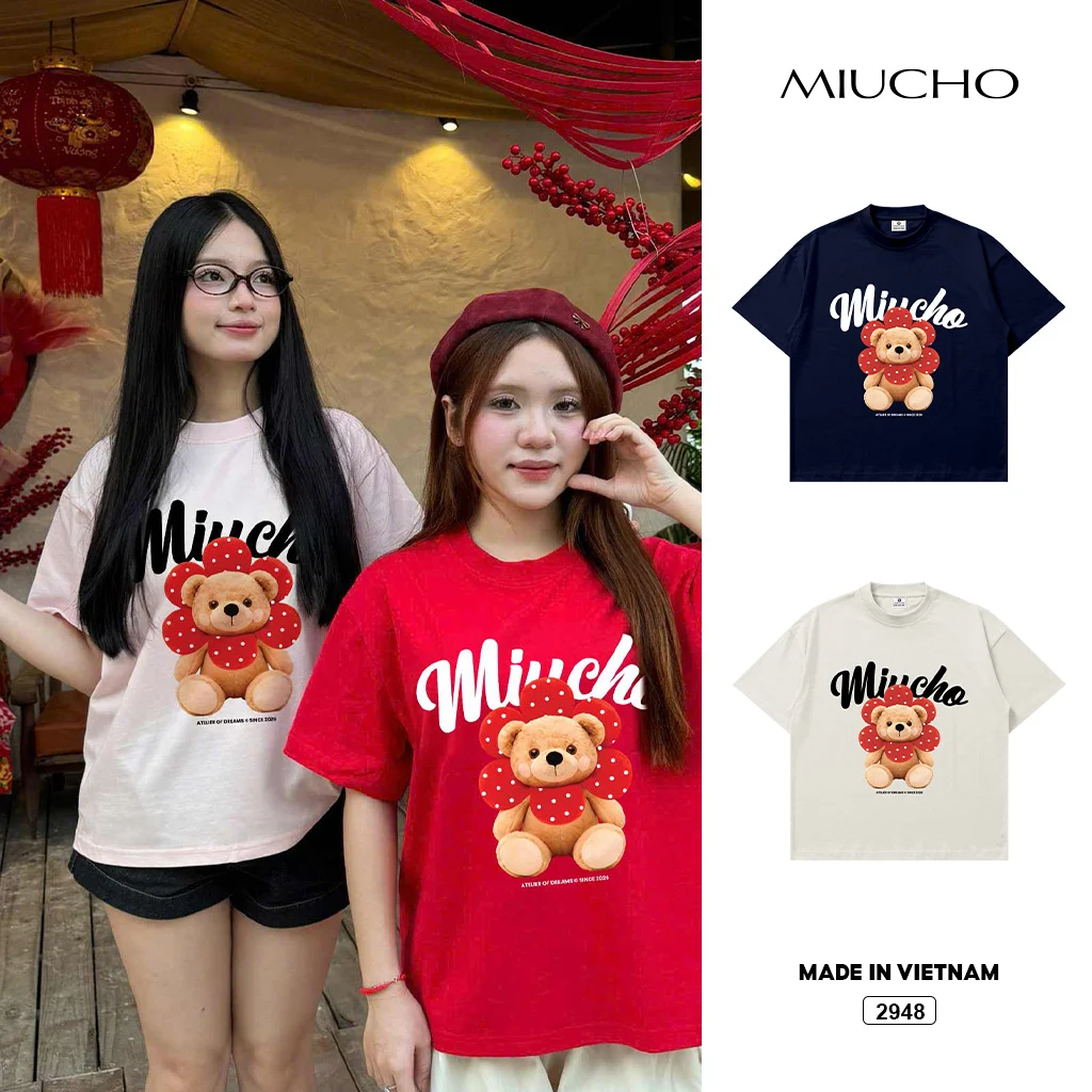Áo thun nữ form boxy Tết 2026 Miucho vải dày dặn mềm mại tôn dáng hình gấu dễ thương 2948