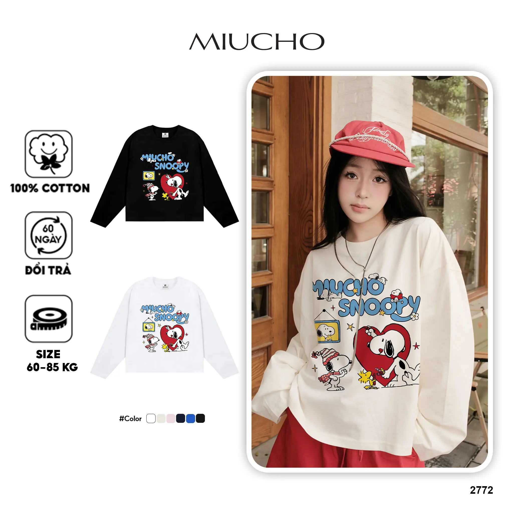 Áo thun boxy nam nữ Miucho vải cotton dày dặn thoáng mát tay dài chuẩn form Snoopy in mix 2772