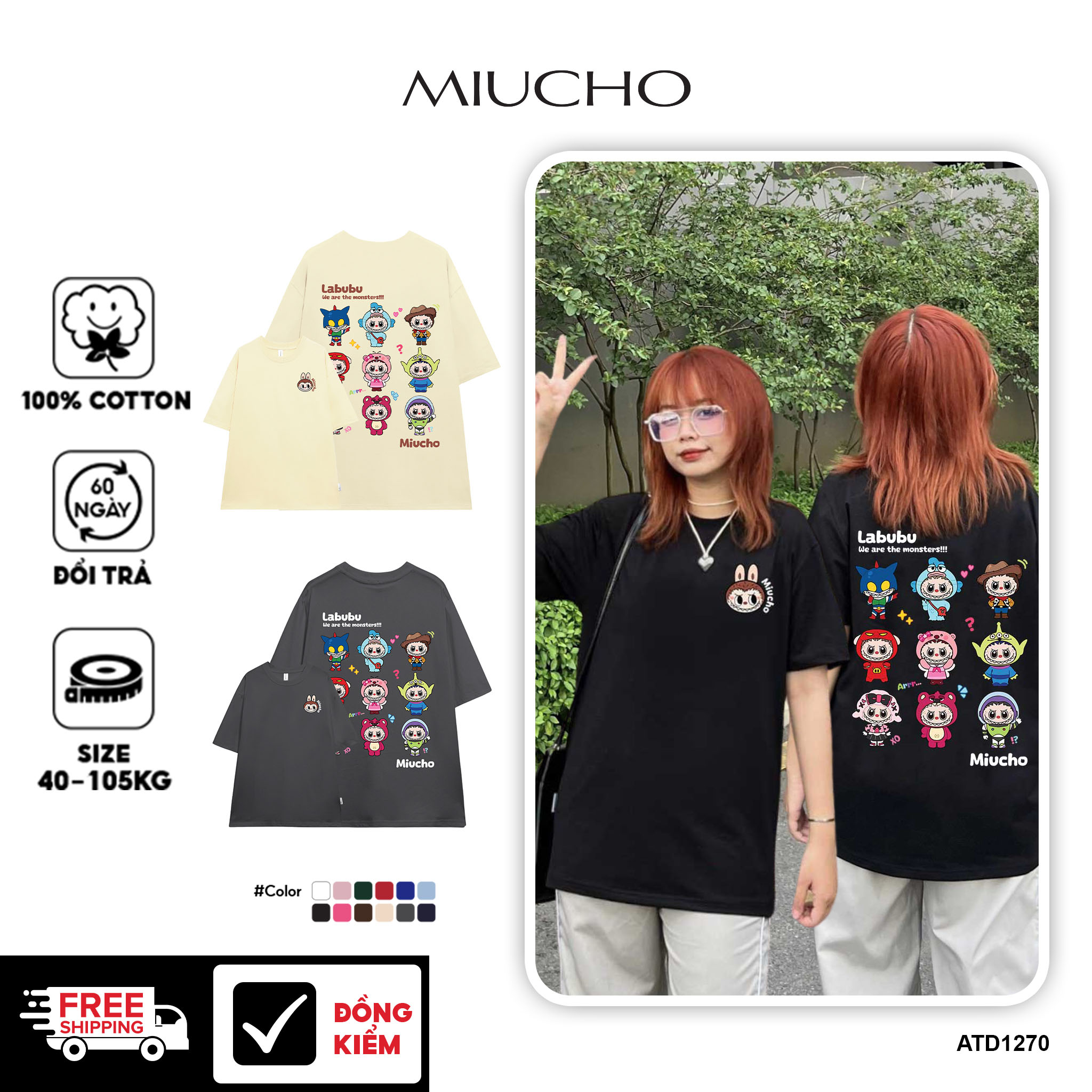 Áo thun labubu form rộng hottrend ATD1270 Miucho vải cotton thoáng mát cổ tròn in mix_thumbnail_1