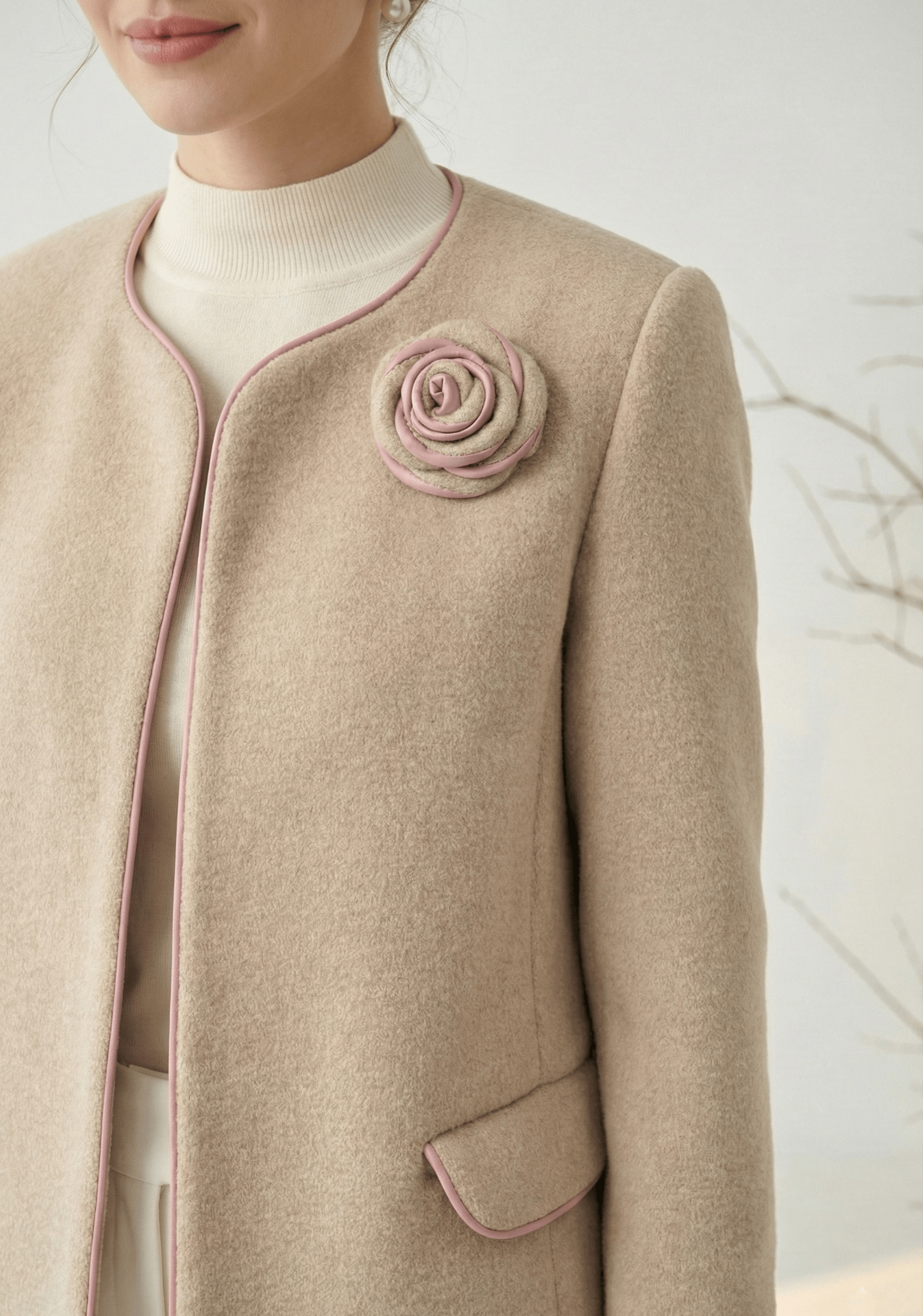 Áo khoác ngắn Suông Vải dạ lông cừu Đính hoa thủ công Dài dưới eo_thumbnail_3