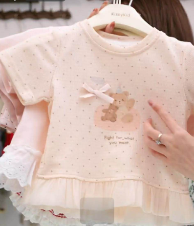 (C36) Áo thun cộc tay châm bi viền bèo màu hồng hoạ tiết gấu hãng TXNB_thumbnail_0