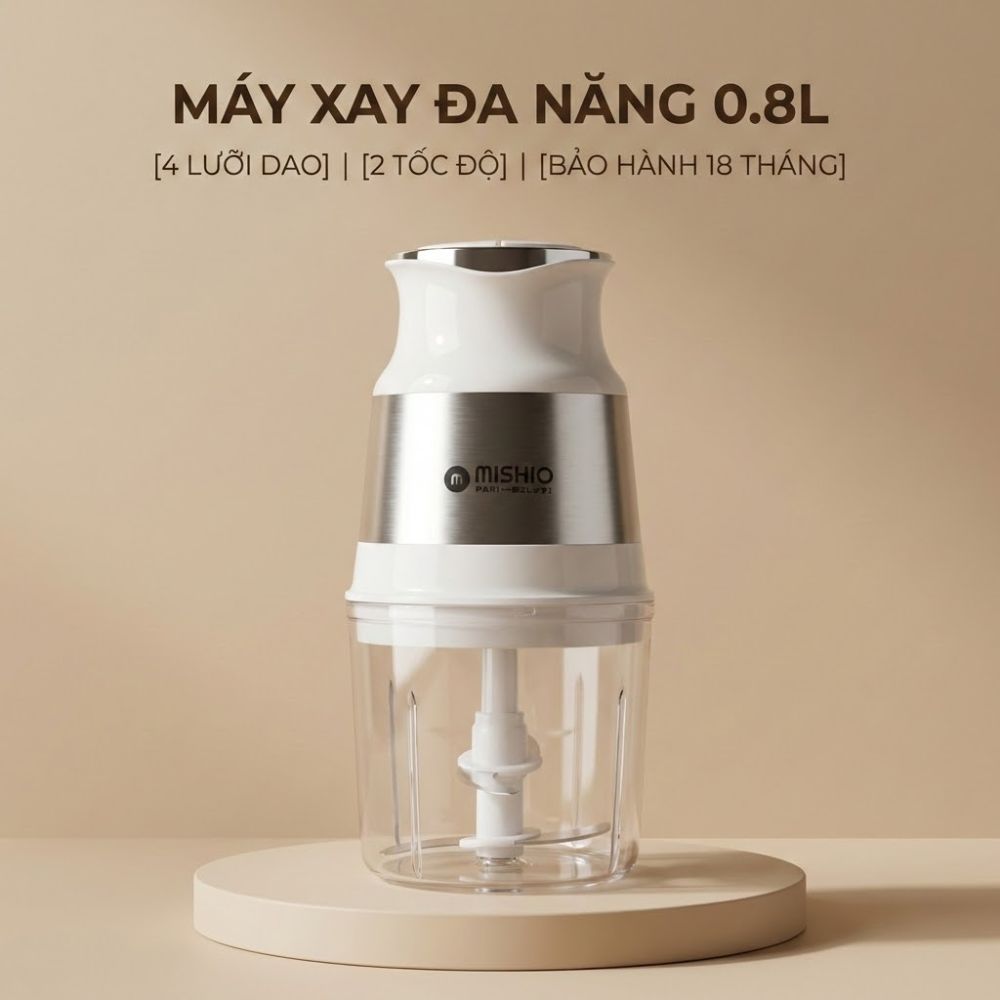 Máy Xay Mini Mishio MK389 - Dung Tích 0.8L, Xay Đồ Ăn Dặm, Gia Vị, Đồ Khô, Công Suất 250W Mạnh Mẽ
