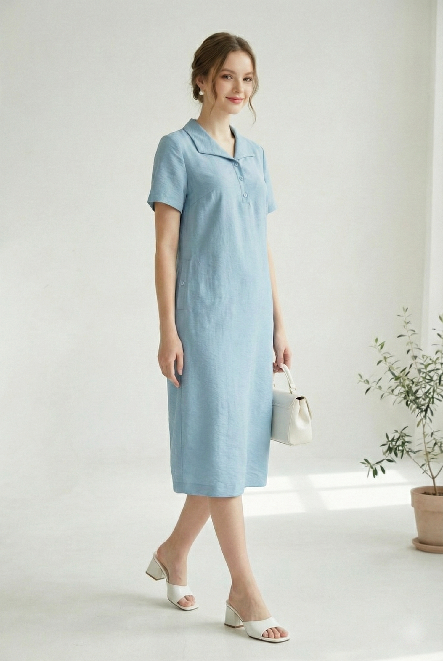 Đầm vải pha linen xanh ghi sáng dáng suông cổ bẻ cài khuy tay ngắn thiết kế MAZANO_thumbnail_4