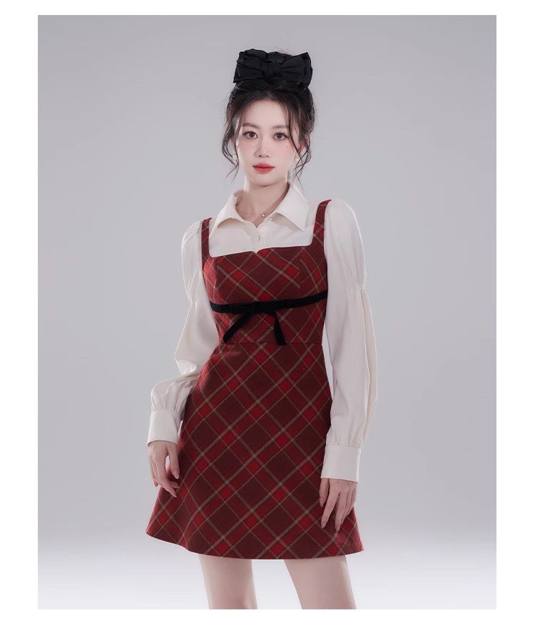 15499-Đầm suông A  sọc đỏ  phối   sơ mi trắng ( tuýp kẻ,  lụa)_thumbnail_0