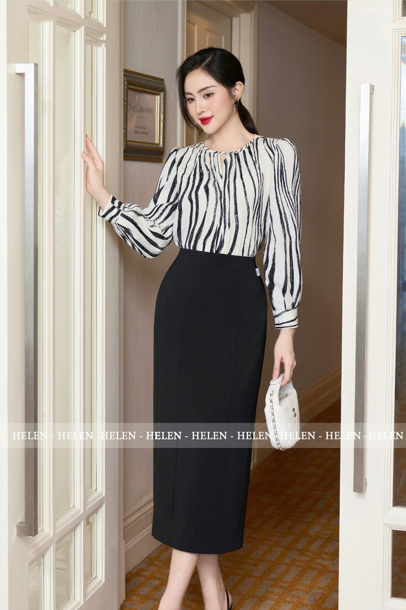 Đầm ôm họa tiết đen trắng phối chân đen tay dài DL221