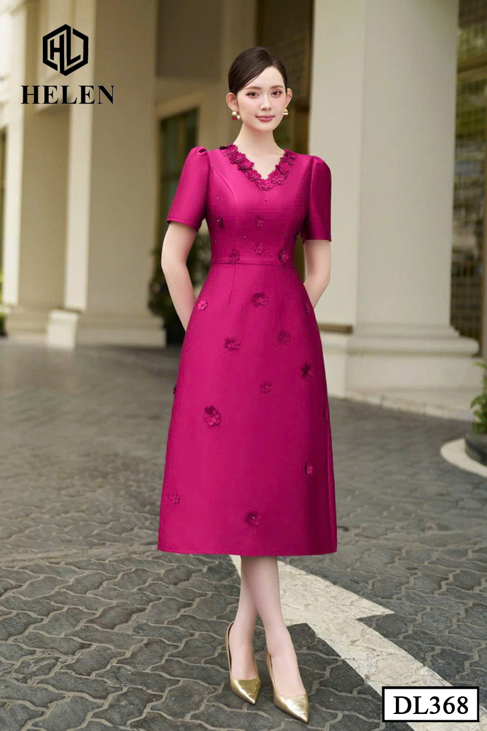 (Pre -order) Đầm xòe tapta hồng đính hoa cổ DL368