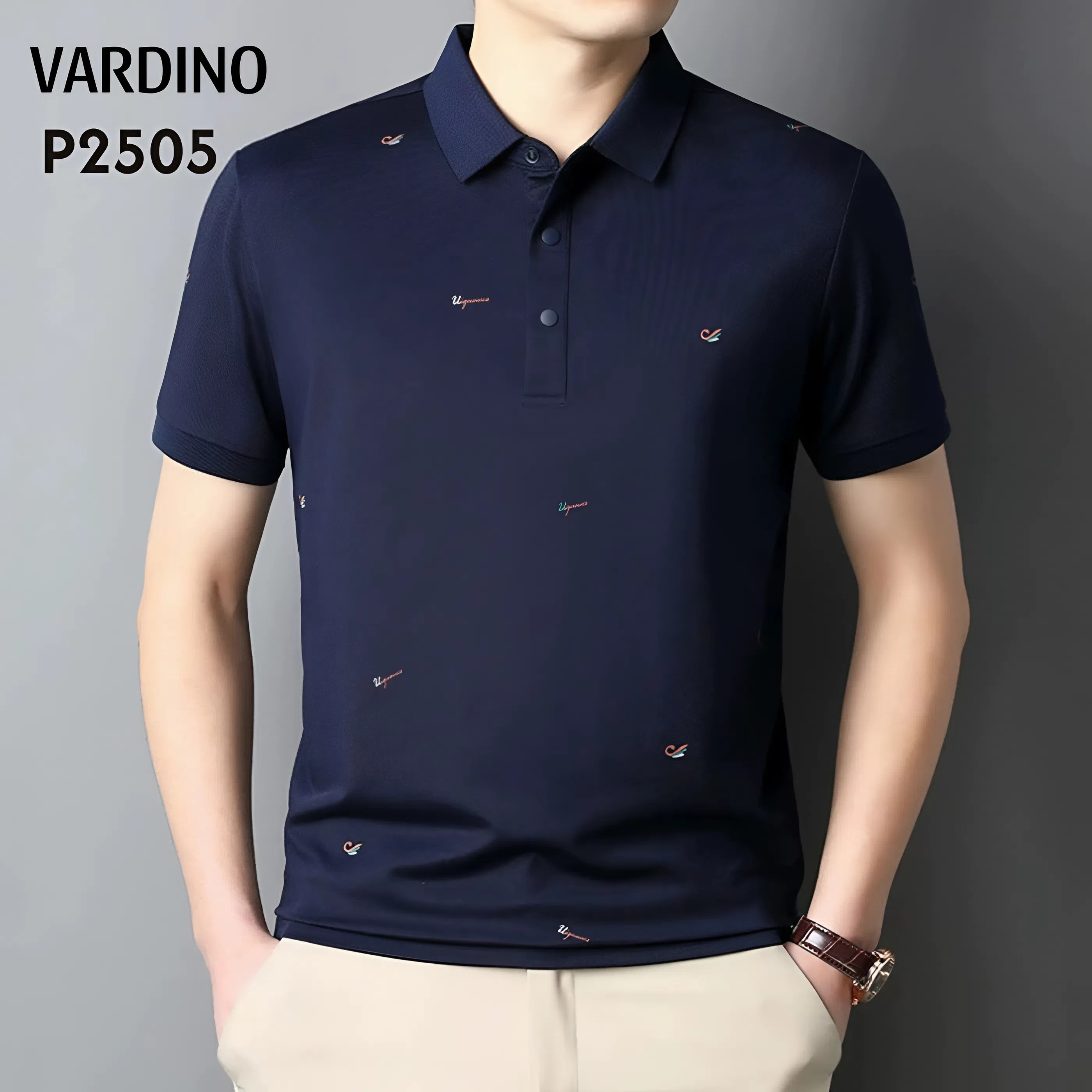 Áo polo cotton pima họa tiết xanh đen Vardino P2505