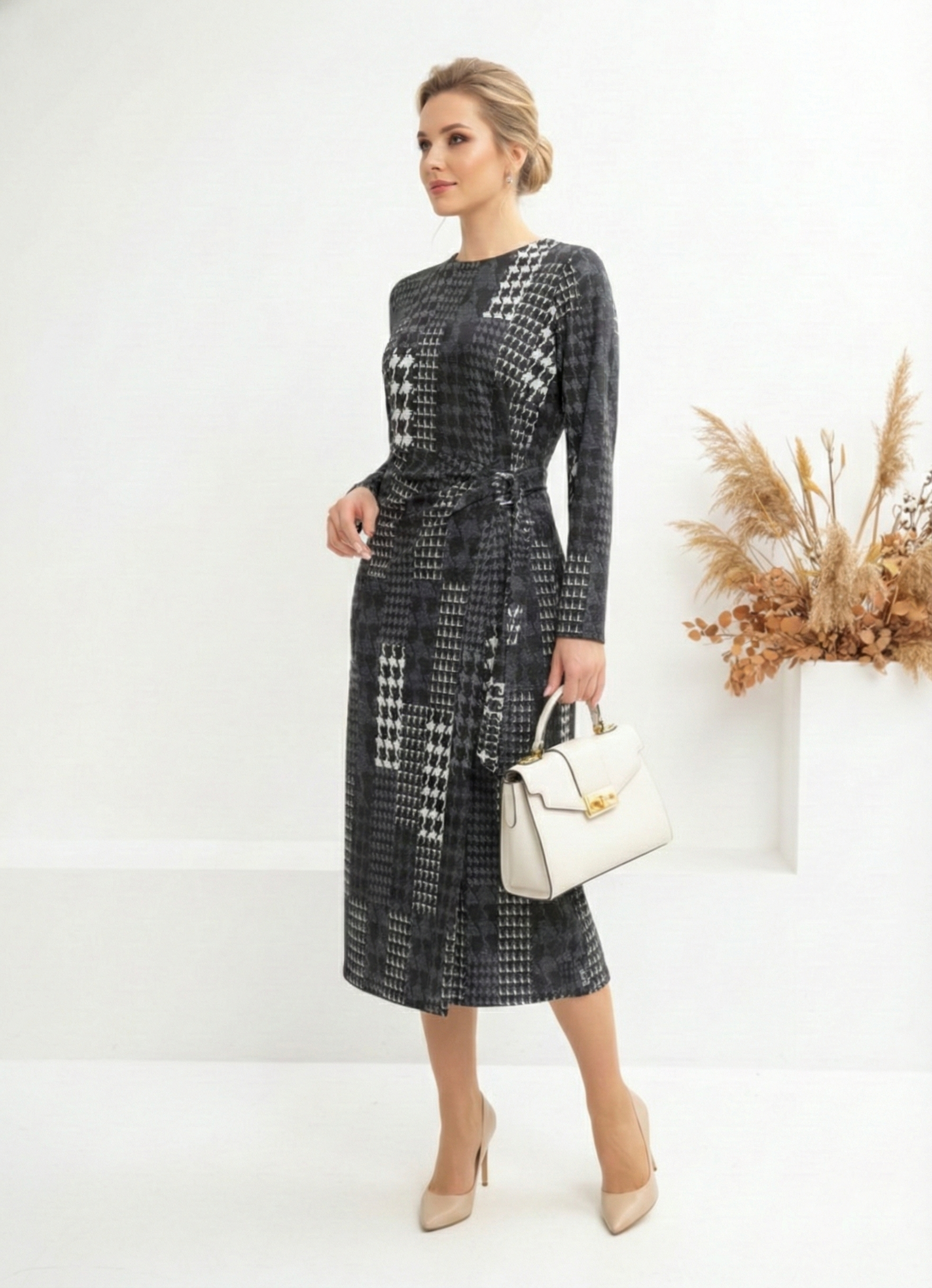 Váy đầm ôm Vải len Họa tiết hoa cách điệu Cổ tròn  Tay  dài Dài đến bắp chân_thumbnail_4