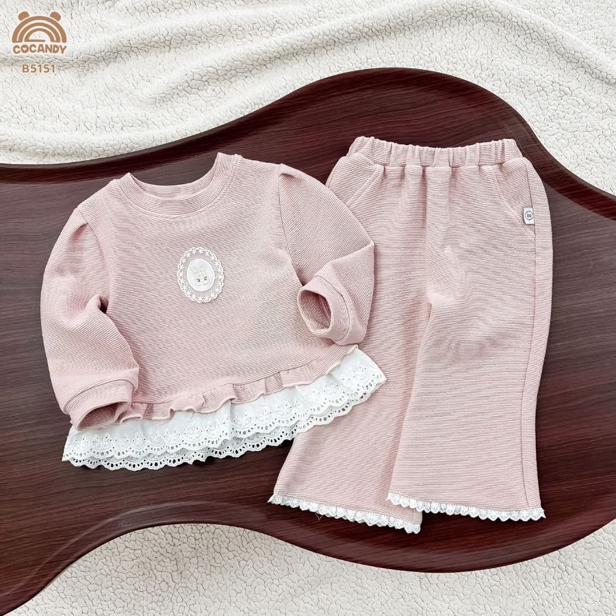 Bộ dài len gân HỒNG NHẠT phối bèo TRẮNG