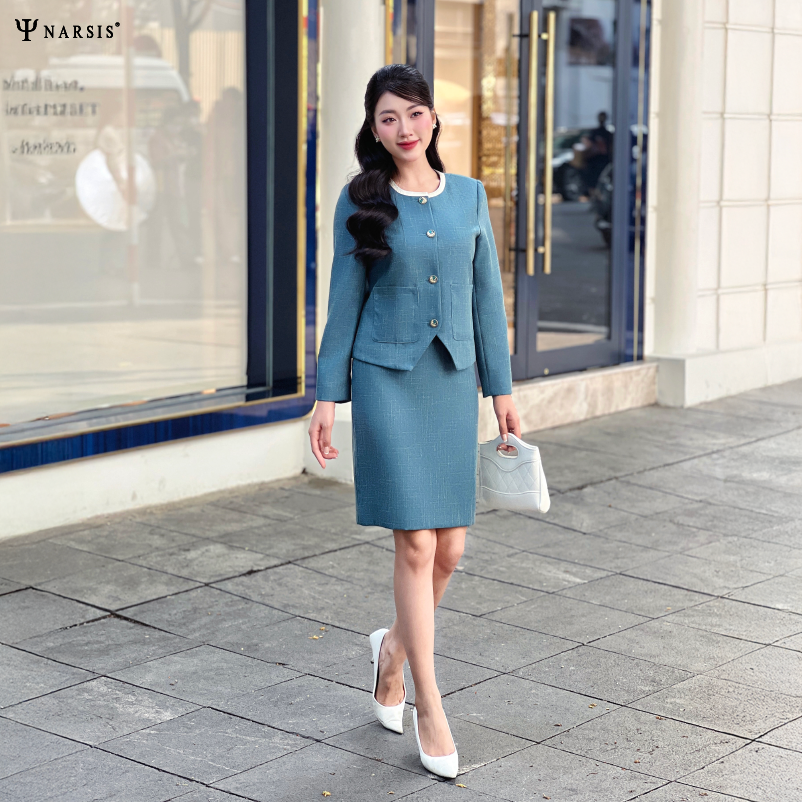 Áo dạ tweed cao cấp Narsis L24024 màu xanh kim tuyến vàng, thiết kế tay dài, đệm vai nhẹ._thumbnail_3