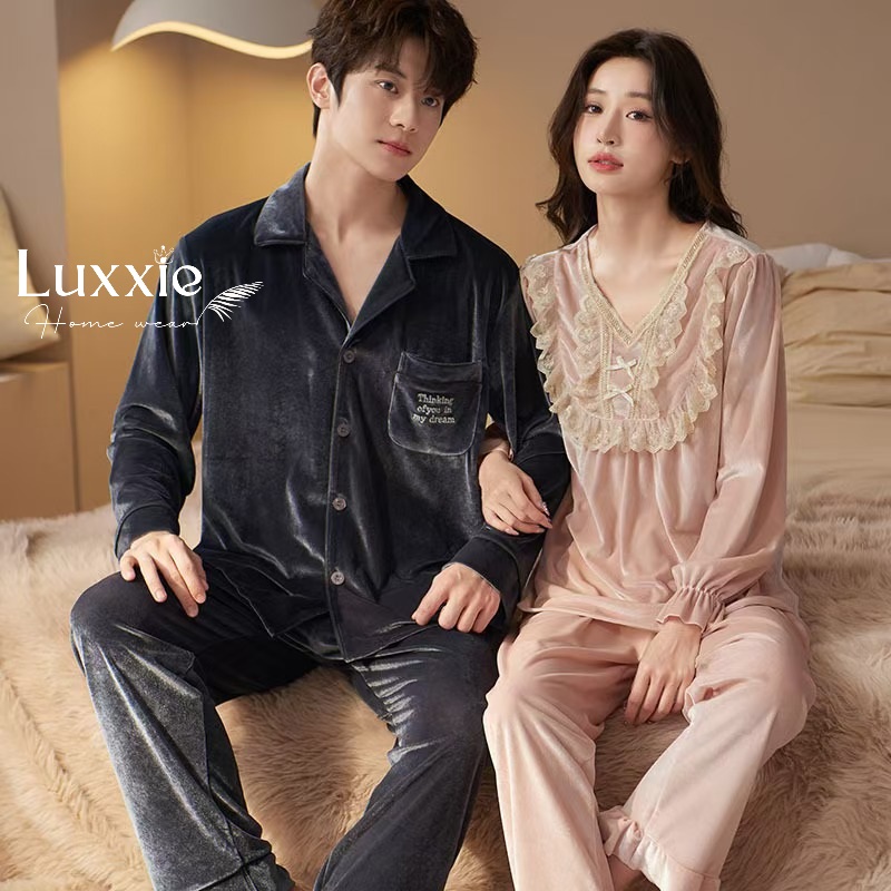 NHUNG34 Bộ ngủ nhung cổ ren trắng đính nơ_thumbnail_5