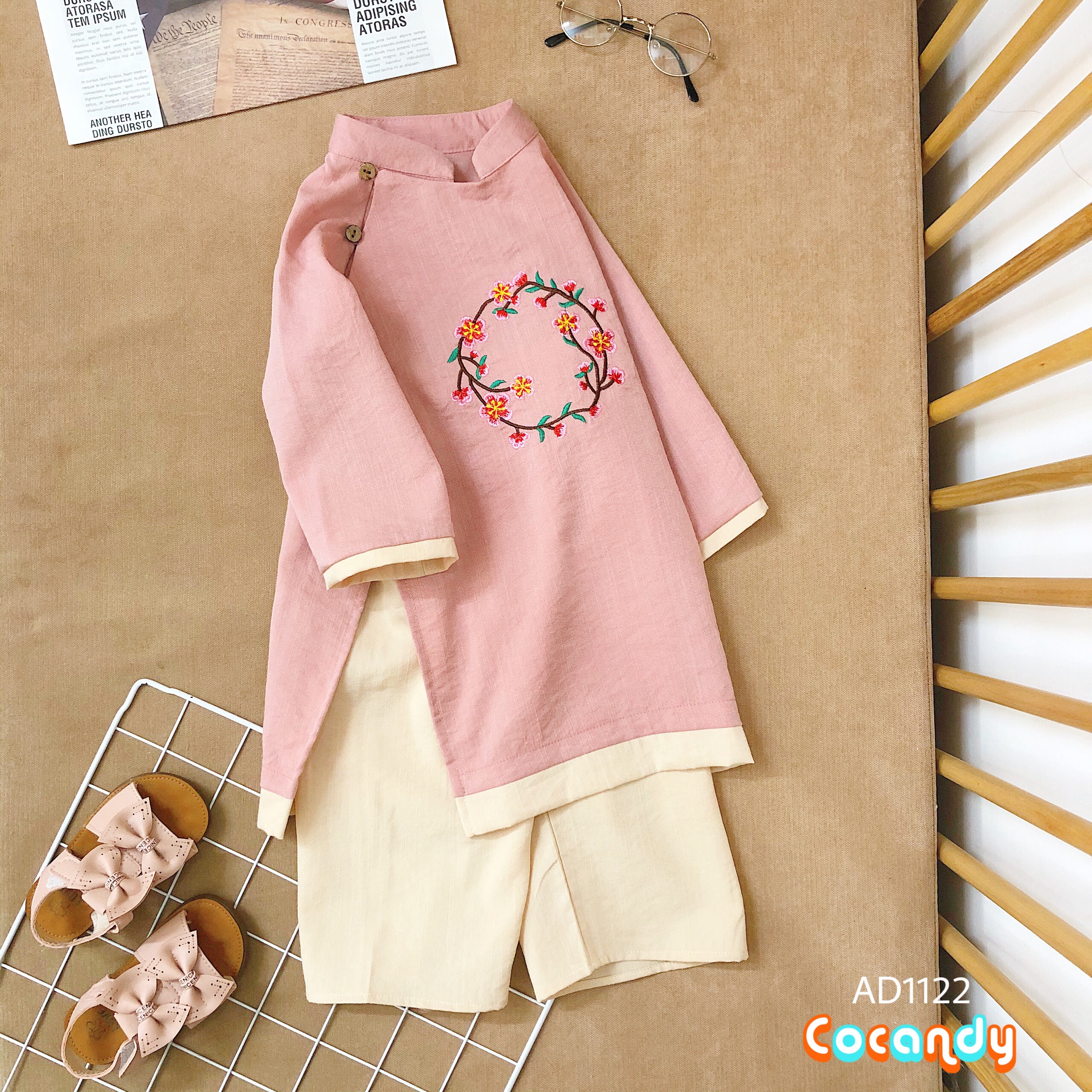 Set áo dài HỒNG thêu hoa đào_thumbnail_2