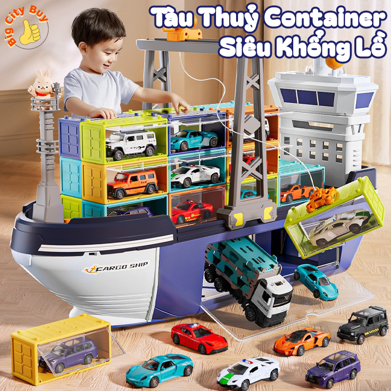 Tàu Thuỷ Container Khổng Lồ Tặng Kèm 12 Xe Nhỏ, 6 Container Chở Hàng Siêu Đỉnh Cho Bé