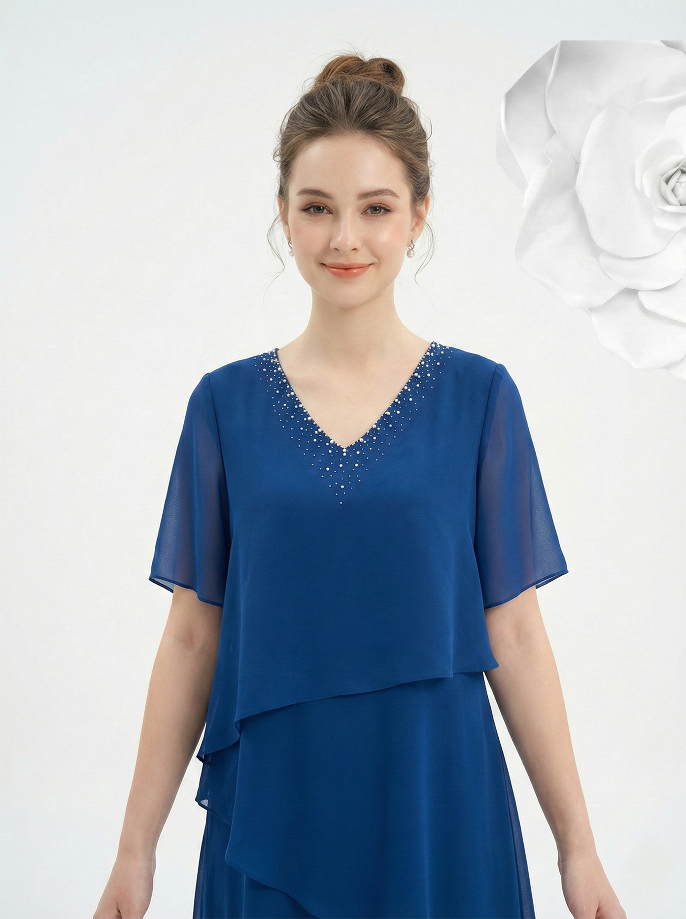 Đầm voan chiffon xanh đơn sắc dáng suông A cổ V tay ngắn đính hạt thiết kế MAZANO_thumbnail_3