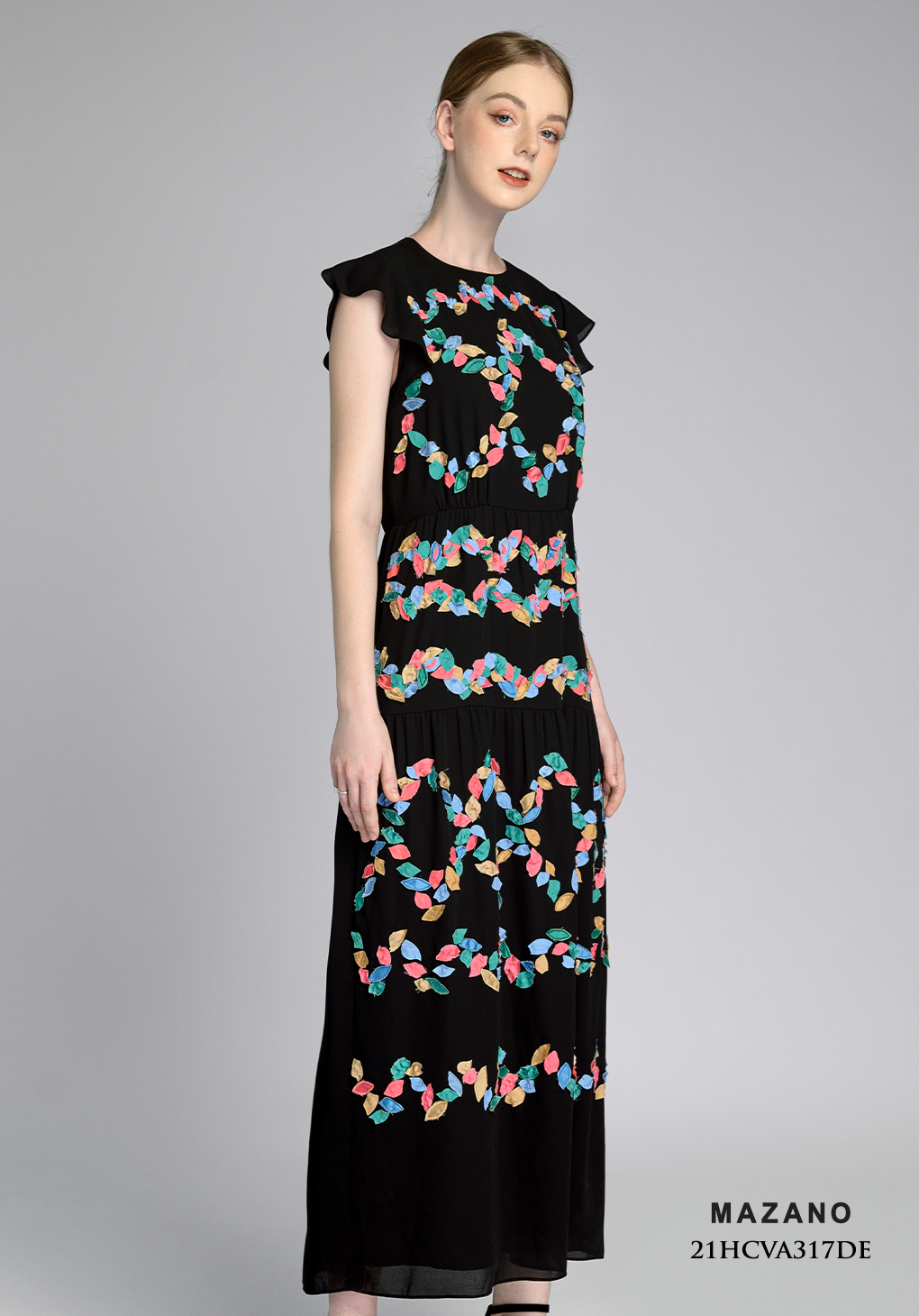 Váy Đầm suông Vải Voan Sạn Đính đắp họa tiết Cổ tròn Tay bèo ngắn Dài dưới bắp chân_thumbnail_3