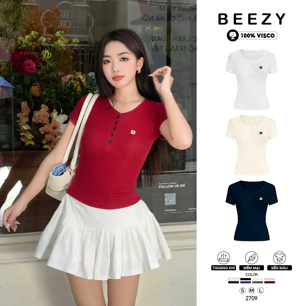Áo thun ôm body cổ nút Miucho vải visco mềm mại thoáng mát chuẩn form in artwork 2709